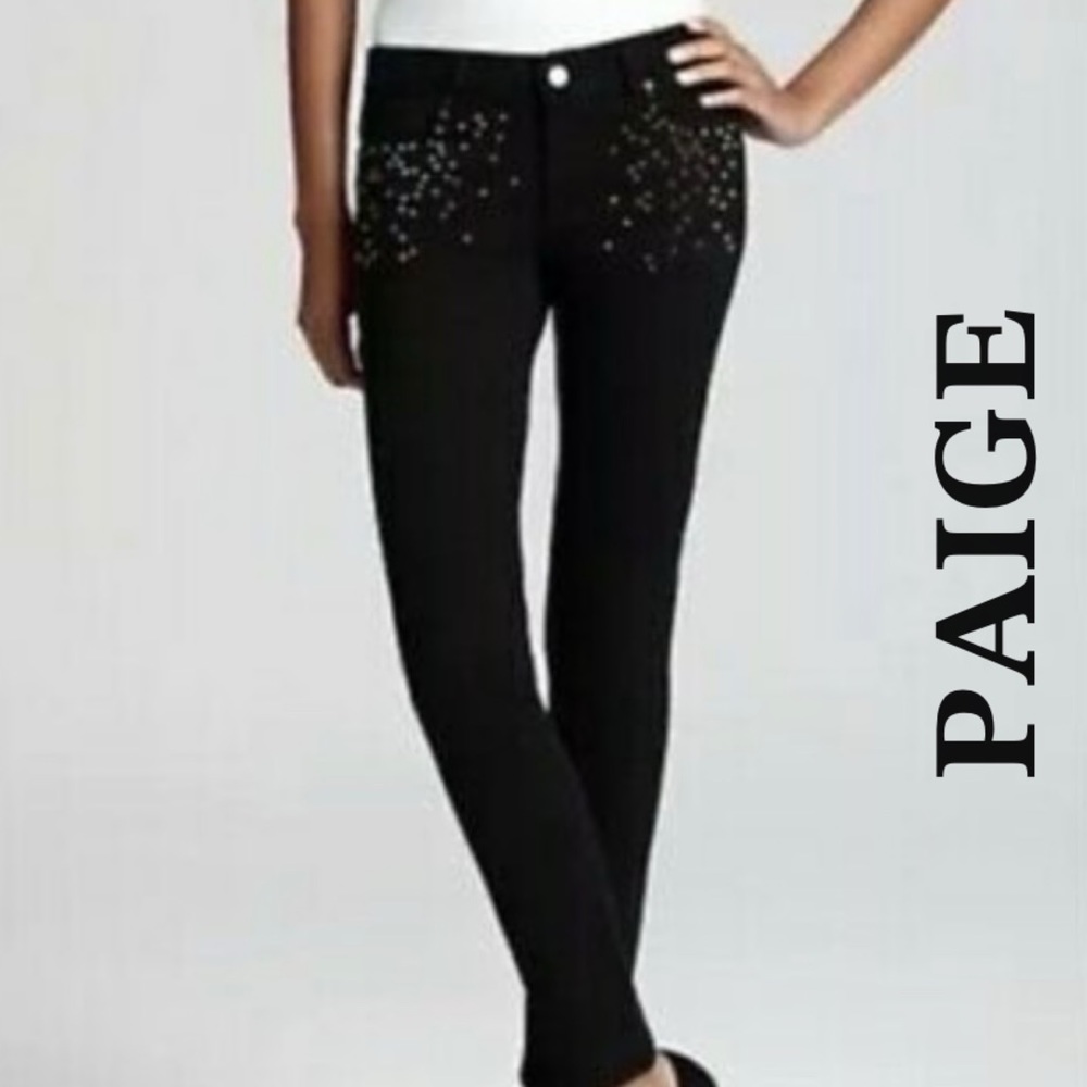 PAIGE Skyline Ankle Peg Jeans in Black Galaxy with Silver Studs Size 27 - Picture 1 of 9